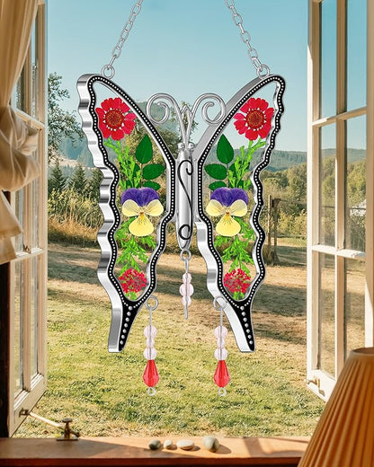 KY&BOSAM Butterfly Suncatcher Staiend Glass for Windows Hangings Wind Chimes Ornament with Pressed Dried Flowers Between Wings and No Charm Gift for Mom Mothers Day Valentine's Birthday Thanksgiving
