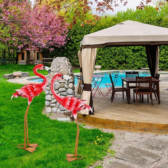 Gisafai 2 Pack 32.7 Inch Metal Flamingos Garden Statues Large Pink Flamingos Yard Outdoor Decor for Garden Home Porch Pond Patio Backyard Ornaments
