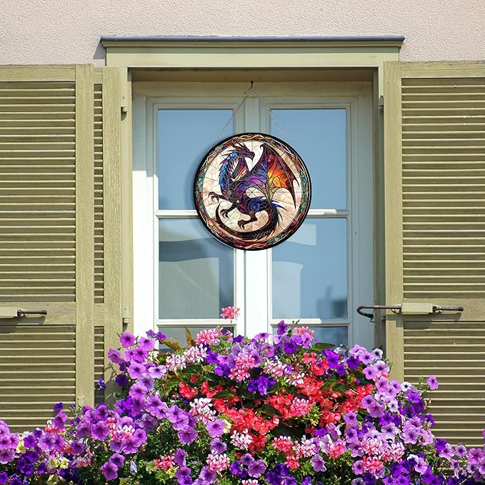 Dragon Stained Glass Suncatcher 4 Season Theme Colorful Leaves Window Wall Hanging Ornament Hand-Painted Glass Panel Decor Gift for Women Christmas Thanksgiving Gift 6.3"