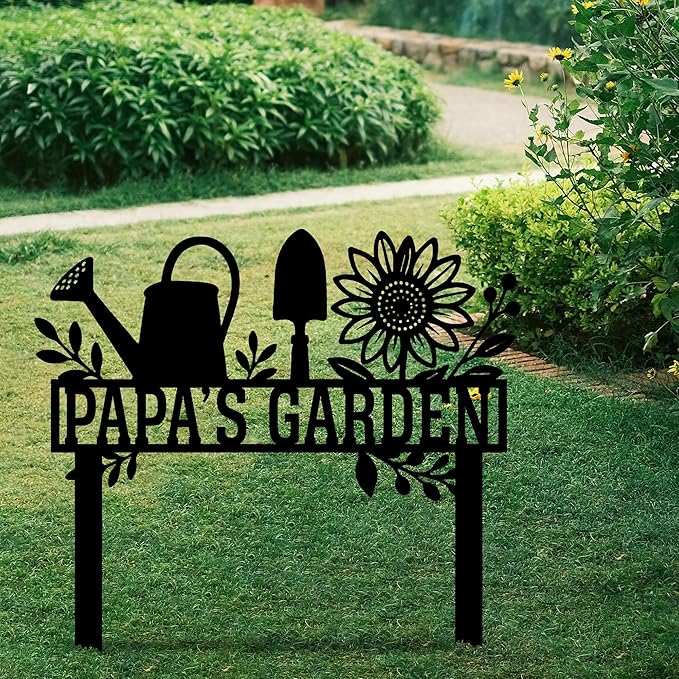 Personalized Metal Garden Sign, Garden Tools Design Sign with Stake, Garden Signs Decorative Outdoor, Front Yard Art, Gardening Decor, Custom Name Metal Stake, Lawn Art, Gift for Grandpa's Garden