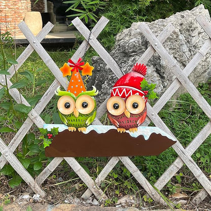 Bright Color Metal Owl Couple Garden Stake - Hanging Decor for Fence or Wall, Outdoor Yard Art with Message Board for Patio, Porch, Lawn for Couples Housewarming