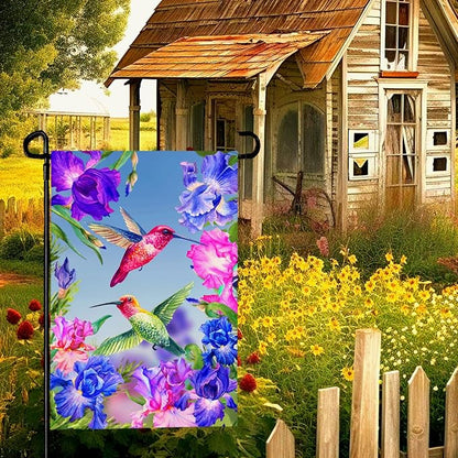Hummingbirds Garden Flag Double Sided Blue and Red Iris Yard Flag Flowers Floral Birds Leaves Garden Flags Banner for Spring Summer Farmhouse Home Outdoor Decor 12 x 18 Inch