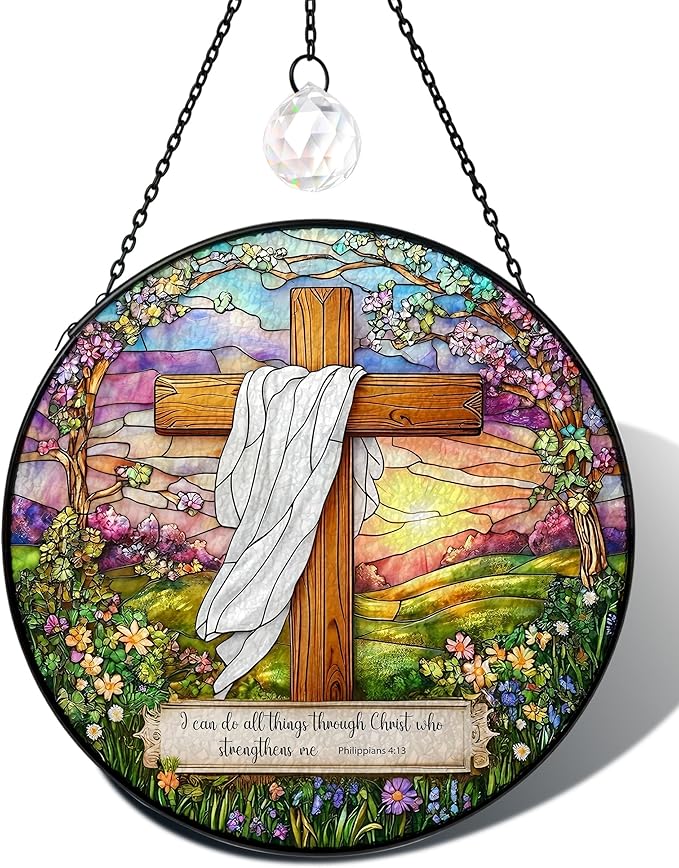 Christian Stained Glass Window Hanging Sun Catcher, Religious Faith for Mom or Grandma, Church Window Decor