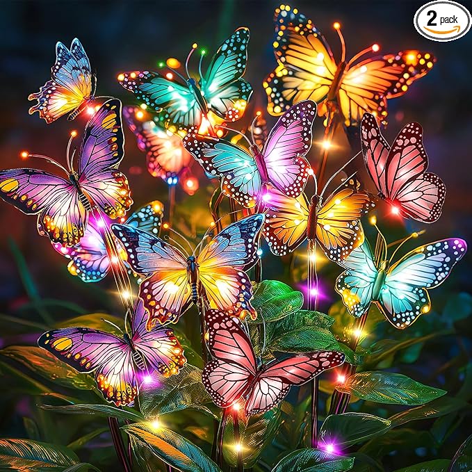 Solar Lights Outdoor Garden Decor: 2 Pack 34 Silk Butterflies with 44 Color-Changing LEDs - Auto On/Off 12H Magical Lighting IP65 Waterproof for Yard Patio Pathway - Unique Gifts for Mom Grandma