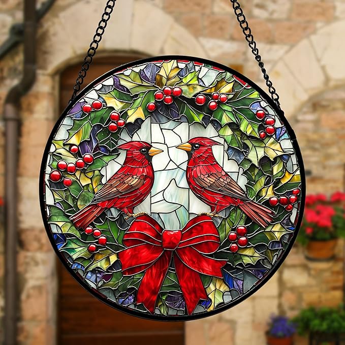 DASTOLL Stained Glass Window Hanging - Cardinals Green Wreath Suncatcher for Doors Home Christmas Decoration Red Bird Sun Catcher Thanksgiving New Year Birthday Gift for Women Men Mom Nana 9.8 in