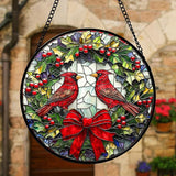 DASTOLL Stained Glass Window Hanging - Cardinals Green Wreath Suncatcher for Doors Home Christmas Decoration Red Bird Sun Catcher Thanksgiving New Year Birthday Gift for Women Men Mom Nana 9.8 in