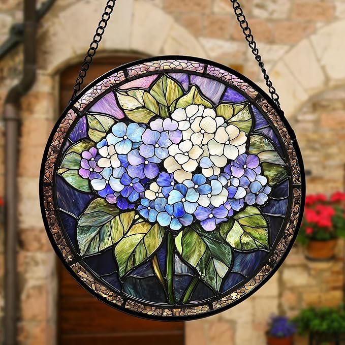 DASTOLL Stained Glass Window Hanging, Hydrangea Flowers Sun Catchers Diamond Glass Panel Hangings Plant Suncatcher Decor for Birthday for Women, Men, Wife, Aunt, and Mom 6.3 in