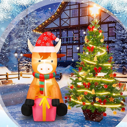 5ft Christmas Inflatables Outdoor Decoration Blow up Highland Cow Wearing Santa Hat Yard Decor with Built in Light for Outdoor Holiday Xmas Party Yard Garden Lawn
