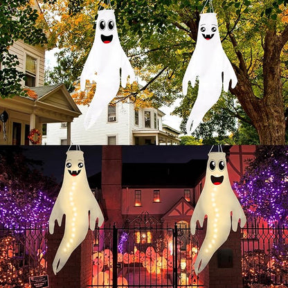 Geefuun 2PCS Warm Halloween CuteGhost Windsocks Hanging Decorations - 43 Inch Flag Wind Socks for Home Yard Outdoor Decor Party Supplies (Batteries Not Included,No Timer)