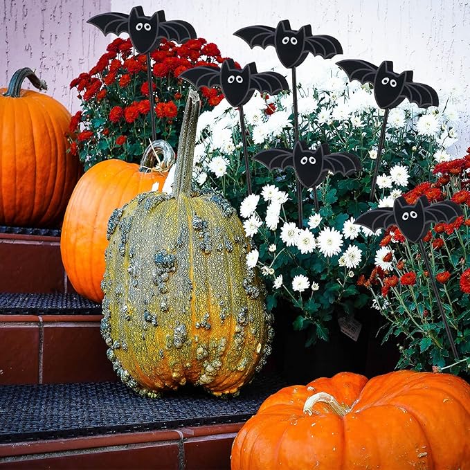 6 Pcs Halloween Bat Garden Stake Spooky Yard Decor Wood Bat Plant Stakes for Halloween Indoor Outdoor Lawn Porch Pathway Patio Decoration