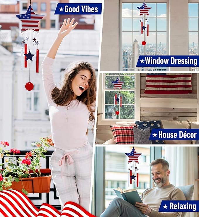 CoTa Global USA Flag Star Wind Chime - American Flag Patriotic Indoor or Outdoor Windchime Home Decor with Hanging Bells, Handcrafted Glass and Metal Wind Chimes for Yard, Garden, Porch - 28.7 Inches