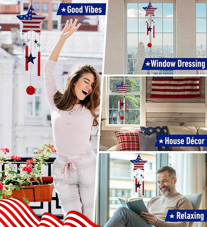 CoTa Global USA Flag Star Wind Chime - American Flag Patriotic Indoor or Outdoor Windchime Home Decor with Hanging Bells, Handcrafted Glass and Metal Wind Chimes for Yard, Garden, Porch - 28.7 Inches