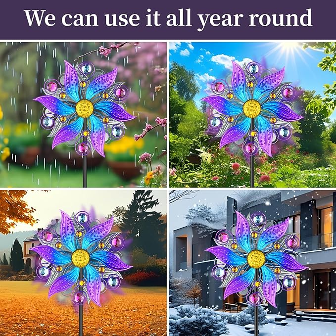 Metal Wind Spinner Outdoor, Purple Flowers Wind Sculpture Spinners with Metal Stake, Yard Art Decor for Patio, Lawn & Garden, Creative Gifts 57.5 * 13.3 Inch