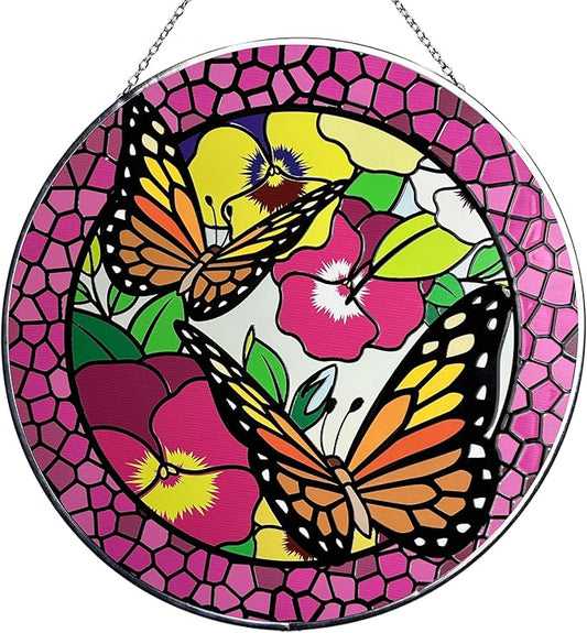 Hanway Suncatcher in Colorful Stained Glass 12" Dia - Genuine Brightly Colored Glass, Protective Metal Edge, Ready to Use Hanging Chain, for Window, Garden (Butterfly 2)