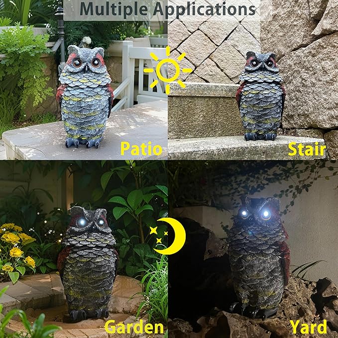 Owls to Keep Birds Away, Solar Owl Decoys to Scare Birds Away, Small Fake Owl for Bird Control, Resin Owls Outdoor Decor with Rotating Head and Lighted Eyes, Animal Deterrent for Outside, Garden