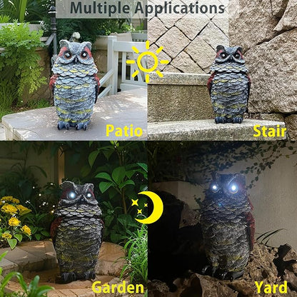 Owls to Keep Birds Away, Solar Owl Decoys to Scare Birds Away, Small Fake Owl for Bird Control, Resin Owls Outdoor Decor with Rotating Head and Lighted Eyes, Animal Deterrent for Outside, Garden