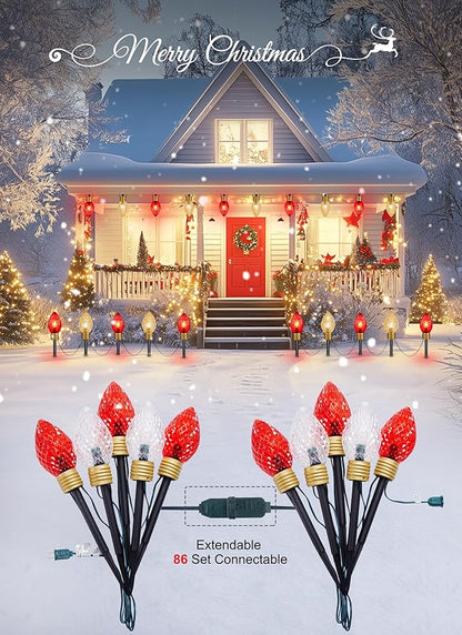 Moonflor Strawberry Jumbo C9 Christmas Pathway Lights Outdoor - 8.5 FT 5 LED Large C9 Pathway Lights, Hanging Jumbo Christmas Light Outdoor Decorations for Lawn Holiday Yard, Red & Warm White