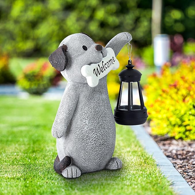 Olekki Solar Dog Garden Statue with Lantern Light – 9.2in Outdoor Dog Figurine for Yard Patio Garden Decor, Cute Memorial Gift for Women Mom