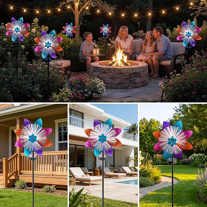 Solar Wind Spinners Outdoor, Metal Wind Sculptures & Kinetic Spinners with Optical Fiber, Garden Spinner Windmills for Yard Decor, Patio Backyard Lawn Decorations, Gifts for Family Friends