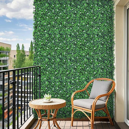 Grooy 48"x 144"(47 sq.ft) Artificial Boxwood Roll Panels with Flowers, UV-Anti Faux Ivy Leaves Privacy Fence Screen, Grass Wall Roll Panels for Indoor Home Decor and Outdoor Garden Backyard