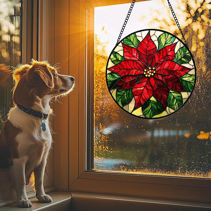 Stained Glass Window Hanging - Poinsettia Suncatcher for Door Garden Home Decor Birth Flower Sun Catcher Birthday Mother's Day for Lovers Friend Women Mom Nana 6.3 in