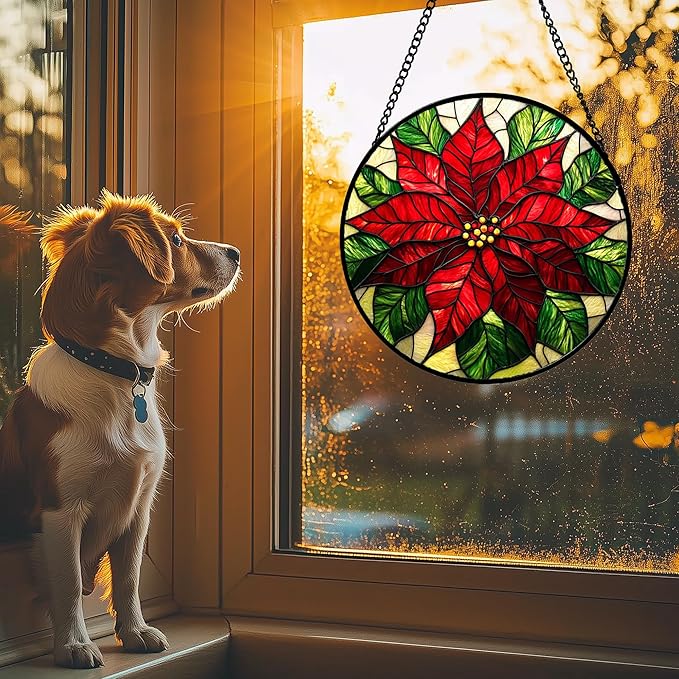Stained Glass Window Hanging - Poinsettia Suncatcher for Door Garden Home Decor Birth Flower Sun Catcher Birthday Mother's Day for Lovers Friend Women Mom Nana 9.8 in