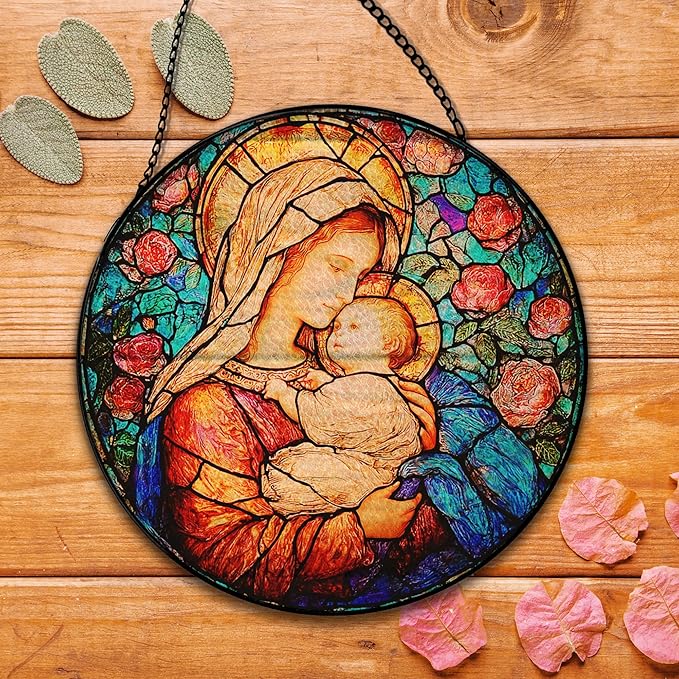 Virgin Mary Flower Suncatcher Stained Glass Window Hanging, Christian Our Lady of Grace Sun Catchers Indoor Window Glass Round Wall Decor, Catholic Rose Wall Art Hanging Decorations, ＂7.8x7.8＂