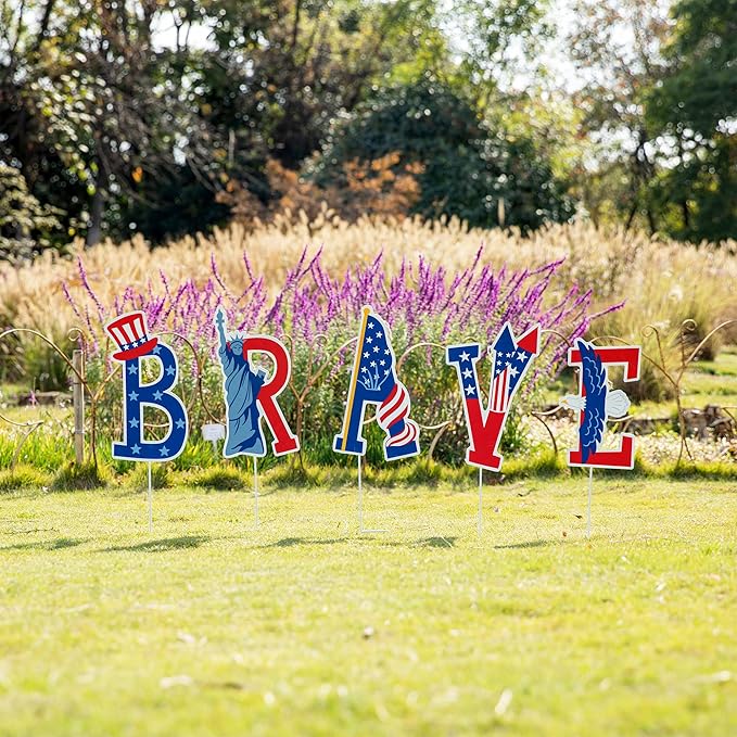 Glitzhome 43.2"H Metal Patriotic BRAVE Garden Yard Stake, Set of 5 American National Day Yard Sign Wall Decor for USA Patio Lawn Porch 4th of July Indoor Outdoor Decorations