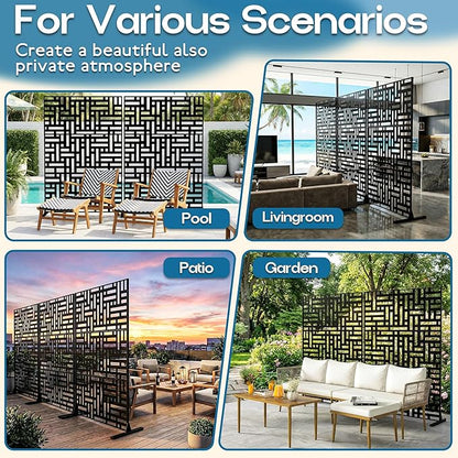 MTART Metal Privacy Screen 72" H x 47.2" Decorative Outdoor Privacy Screen Privacy Panel with Stand for Balcony Deck Patio Lawn Garden, Privacy Fence (Black-Street)