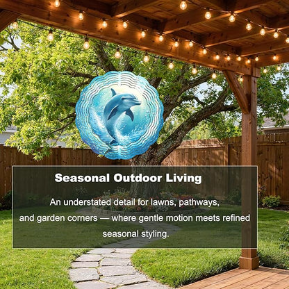 10x10 Inch Wind Spinner Outdoor Hanging Dolphin Water Swirl Metal Kinetic Spiral Ornament for Yard Garden Patio Porch Balcony Tree Window Decor Gift