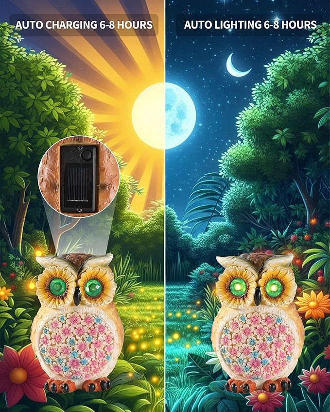 GoGnome Hand-Painted Resin Owl Figurine with Glow-in-The-Dark Eyes, Solar-Powered Garden Decor 5.5'' Lawn Ornaments Statue Gardening Gifts for Outside Yard Art Patio (Owl)