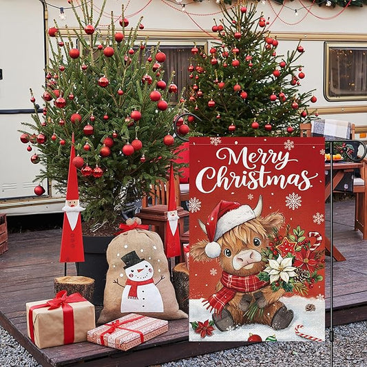 Heyfibro Merry Christmas Highland Cow Garden Flag 12x18 Inch Double Sided Burlap, Winter Snowflake Yard Flags for Holiday Xmas Seasonal Outdoor Decoration(ONLY FLAG)