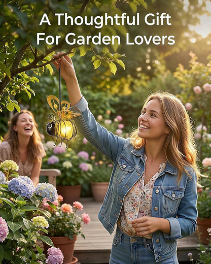 2-Pack Solar Hanging Bee Lights Outdoor Garden Decor, Metal Cute Patio Yard Art Tree Decoration, Birthday Gifts for Women Mom Mother’s Day Father’s Day (Bee, 2)