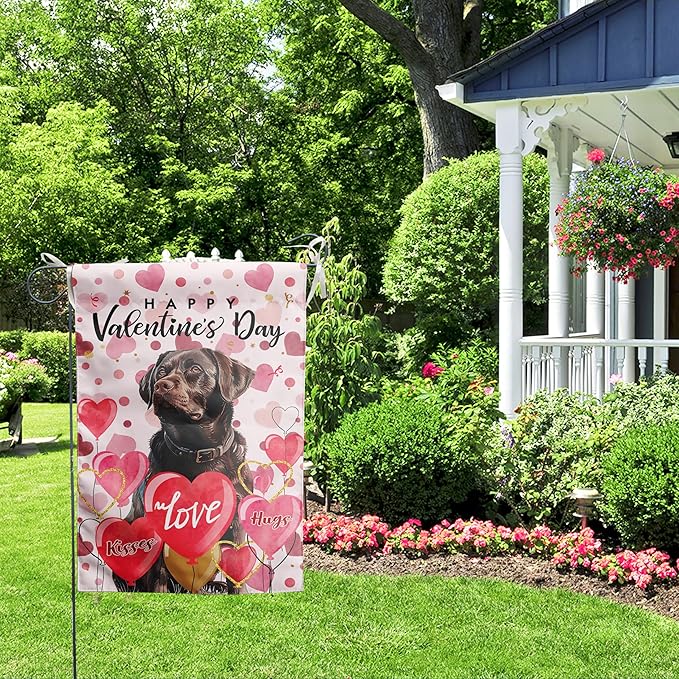 Chocolate Lab Valentine Garden Flag Valentines Day Flags for Outside 12x18 Double Sided Small Yard Flags Labrador Dog Valentine's Day Decor Outdoor Lawn Valentines Banners Front Porch