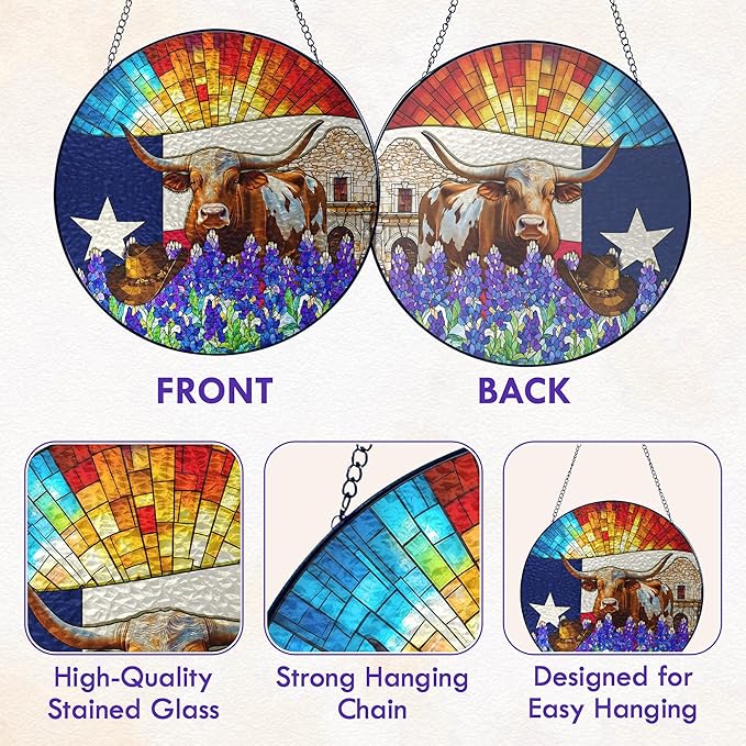FLAGWIX Texas Gifts for Women Men - Stained Glass Window Hanging 8in - Sun Catchers Indoor Window for Garden Decor, Texas Themed Gifts for Mom Dad Friend, House Warming Gift for Wife Husband