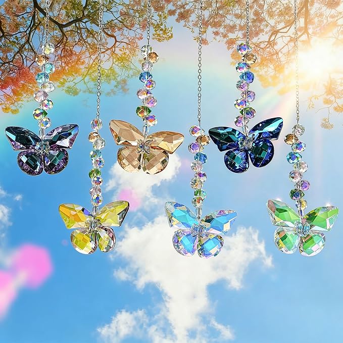 HDCRYSTALGIFTS 6PCS Crystal Butterfly Suncatchers for Window Hanging Ornaments, Rainbow Maker Sun Catchers Indoor Window Wedding Garden Home Decor Glass Ornaments for Christmas Tree Gifts