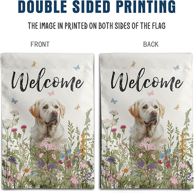 Floral White Lab Garden Flag Spring Summer Yard Flag Flower Dog Labrador Garden Flags for Outside Small Outdoor Welcome Flags 12x18 Double Sided