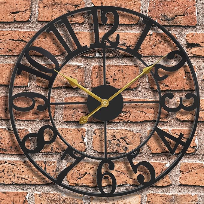 Large Outdoor Clock for Patio - Black Metal Art Arab Decorative Clock for Farmhouse, Kitchen, Porch, Pool Side, Deck, Modern Wall Clock Silent Battery Operated - 16 Inch