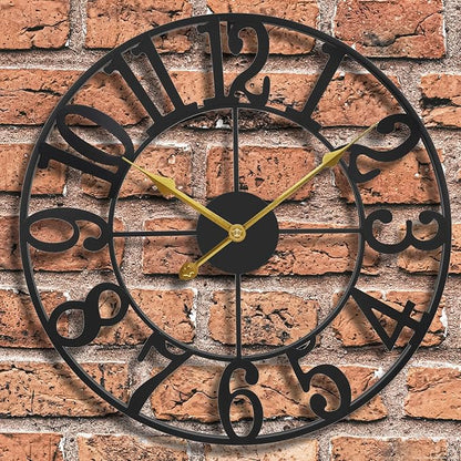 Large Outdoor Clock for Patio - Black Metal Art Arab Decorative Clock for Farmhouse, Kitchen, Porch, Pool Side, Deck, Modern Wall Clock Silent Battery Operated - 16 Inch