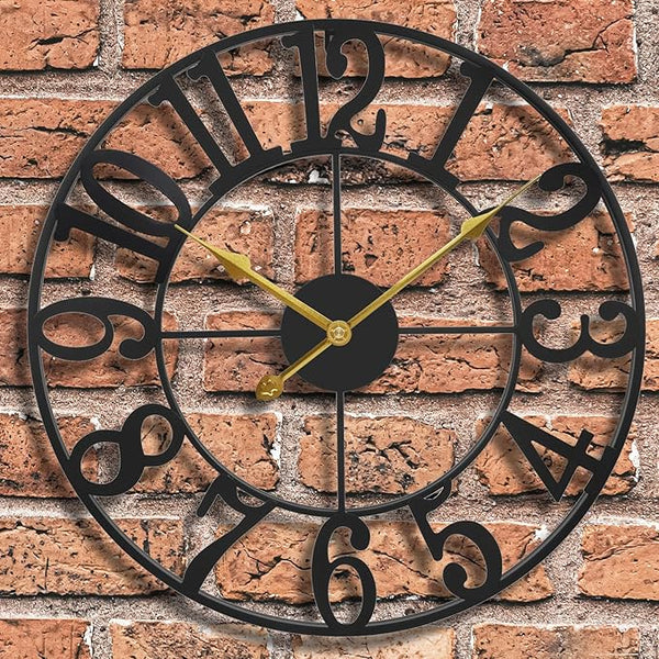 Large Outdoor Clock for Patio - Black Metal Art Arab Decorative Clock for Farmhouse, Kitchen, Porch, Pool Side, Deck, Modern Wall Clock Silent Battery Operated - 16 Inch