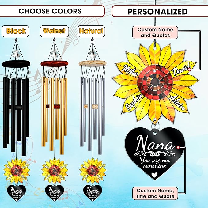 Personalized Grandma Sunflower Wind Chimes for Outside, Custom Crystal Suncatcher Ornament You are My Sunshine, Mother's Day Birthday Gift for Women, Mom, Outdoor Chimes Hanging, Nana Garden Décor