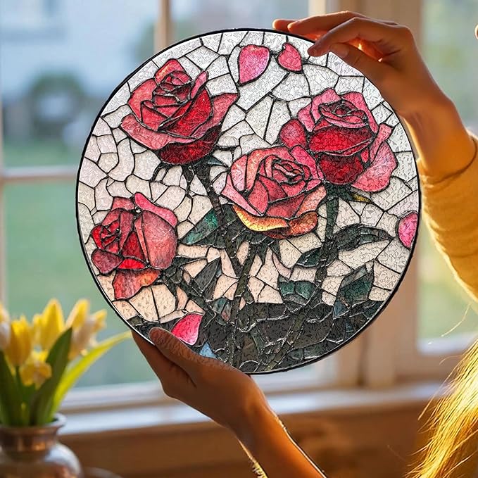 Pink Red Roses Stained Glass Window Hanging Suncatchers Valentine Roses Glass Panel Hangings Vintage Floral Window Decor Flowers Lovers Gift for Women Mom Spring Garden Nature Ornament 7.9inch