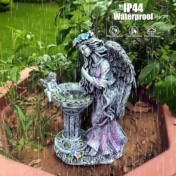 Evursua Garden Angel Decor 12 Inch Solar Fairy Outdoor Statue with Fountain Light Color Changing, Solar Lights Yard Decoration for Front Porch Flowerpot Patio Ornaments, Home Decor Gifts for New Year