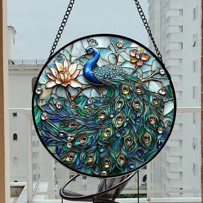 DASTOLL Stained Glass Window Hanging, Blue Peacock Decoration Suncatcher for Door Garden Home Flower Bird Sun Catchers Christmas Mother's Day Birthday Gifts for Women Men Mom Nana Friend 14.9 in