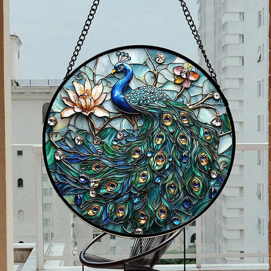 DASTOLL Stained Glass Window Hanging, Blue Peacock Decoration Suncatcher for Door Garden Home Flower Bird Sun Catchers Christmas Mother's Day Birthday Gifts for Women Men Mom Nana Friend 14.9 in