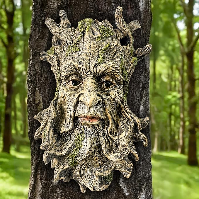 Teaeeno Whimsical Tree Face Garden Decoration, 10.2 in Tree Faces Decor Outdoor Wallmounted Statue Art with Leaf Features, Outdoor Decor Garden Accessory (Nature and Outdoors)