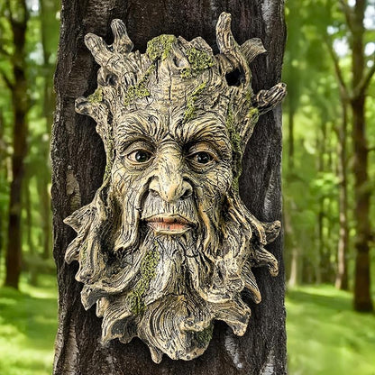 Teaeeno Whimsical Tree Face Garden Decoration, 10.2 in Tree Faces Decor Outdoor Wallmounted Statue Art with Leaf Features, Outdoor Decor Garden Accessory (Nature and Outdoors)