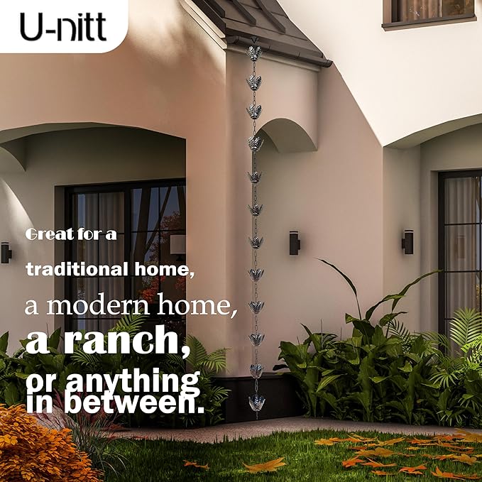 U-nitt Rain Chain Water Collection for Gutters Rainwater Catcher & Diverter, 8.5 FT Chains for Outside Garden, Copper Lily Cups, Roof Downspout, Works with Heavy Rain, w/Gutter Clip for Rainchains