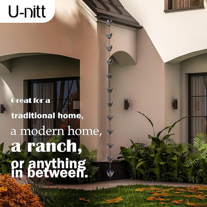 U-nitt Rain Chain Water Collection for Gutters Rainwater Catcher & Diverter, 8.5 FT Chains for Outside Garden, Copper Lily Cups, Roof Downspout, Works with Heavy Rain, w/Gutter Clip for Rainchains