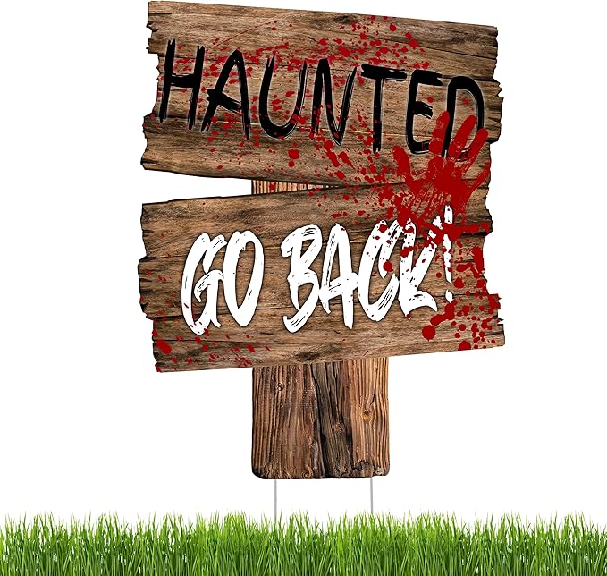 Large Beware Danger Haunted Keep Out Halloween Yard Sign Home Outdoor Lawn Decoration With Stakes Scary Spooky Decor 17x13 Inches (Haunted)